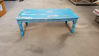 tafel van mango hout met prachtig lotus houtsnijwerk - vintage blue - - 120*60*38