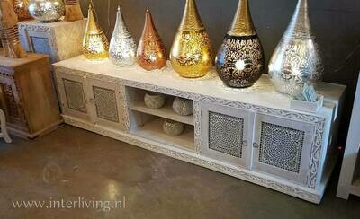 TV kast van mangohout white washed met transparant glasmozaiek - 205 cm lang