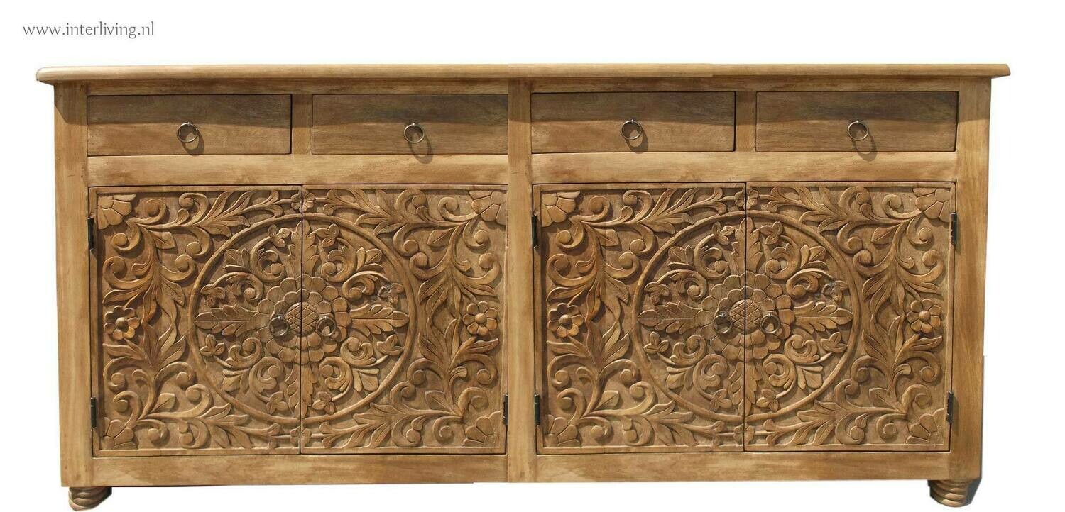 Dressoir onbehandeld mangohout met lotus houtsnijwerk 150 x 76 x 40 cm met lades