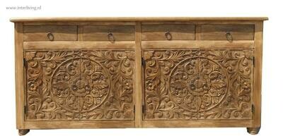 Dressoir onbehandeld mangohout met lotus houtsnijwerk 150 x 76 x 40 cm met lades
