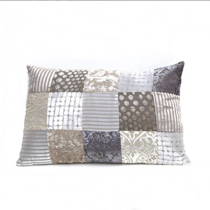 sierkussen rechthoek in taupe, grijs en zilver tinten - velvet patchwork - 40 * 60 cm