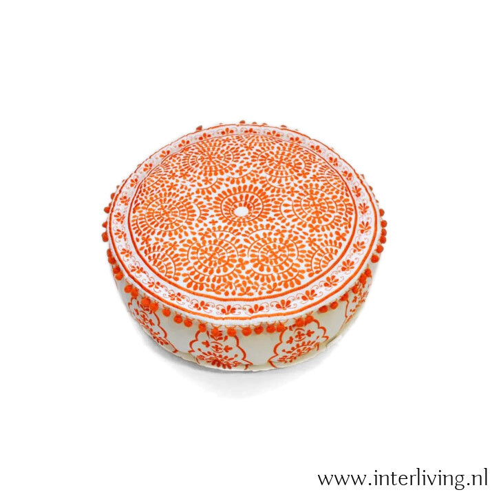 ronde poef goa 50 x 15 cm - zonnige oranje - Ibiza hippy stijl borduurwerk - handgemaakt van katoen
