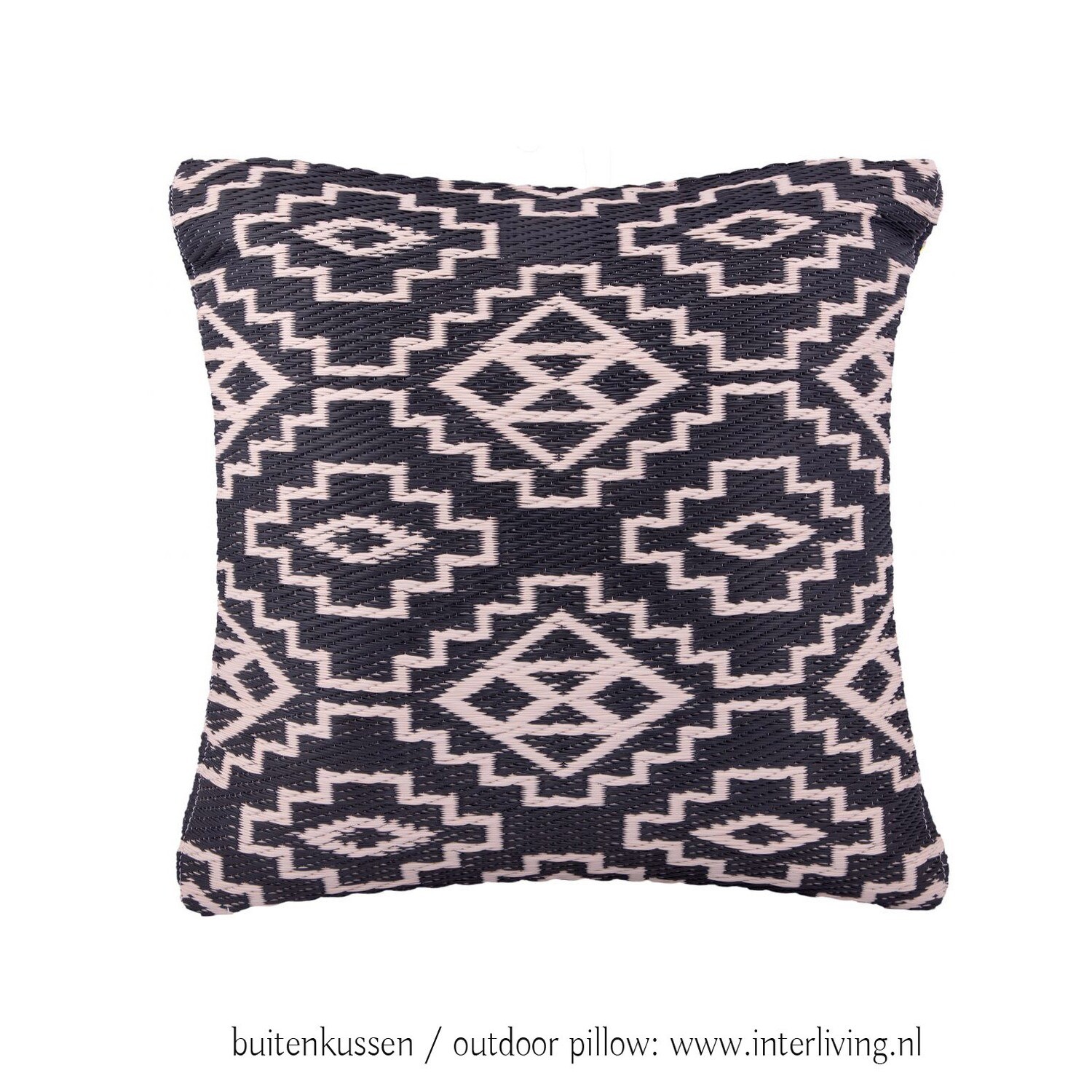 zwart wit buitenkussen - kelim patroon - eco plastic - nordic bohemian kussen 42 cm