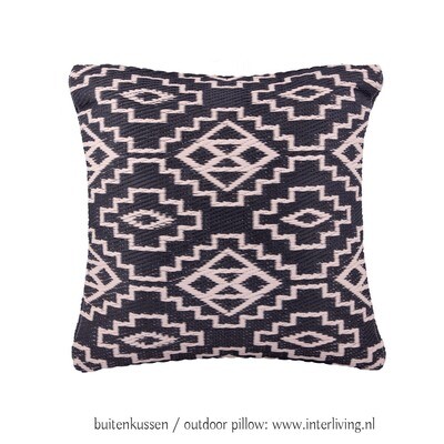 zwart wit buitenkussen - kelim patroon - eco plastic - nordic bohemian kussen 42 cm