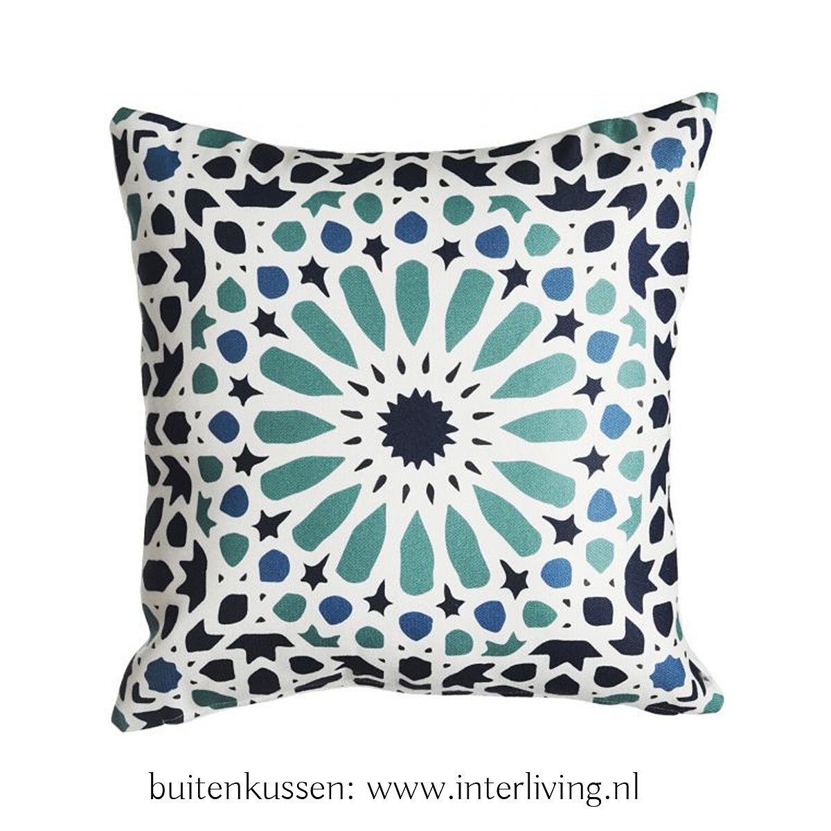buitenkussen  in mozaiek zellige tegel patroon in multi blauw & aqua tinten  -  eco plastic-  100% recycled soda flessen -  boho chic tuin styling