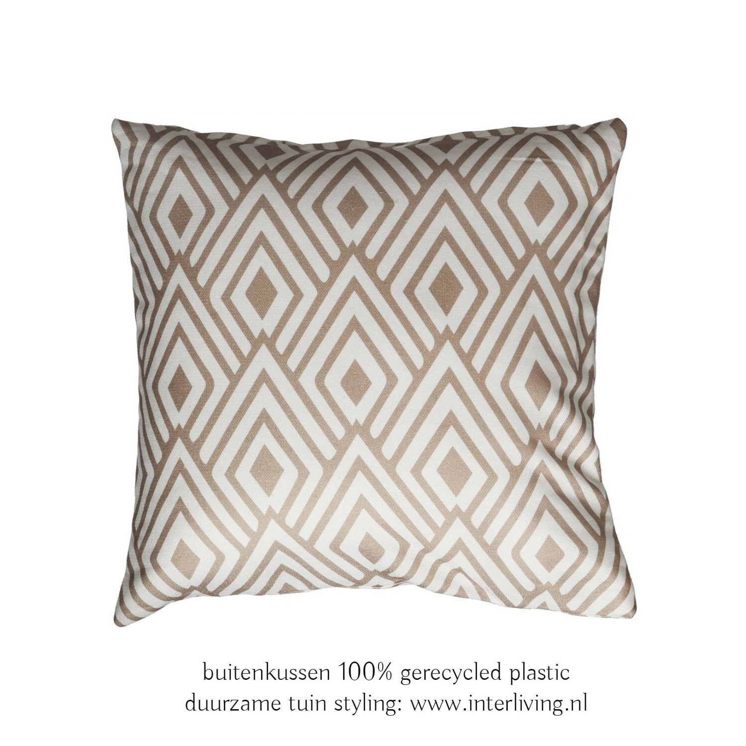 buitenkussen oosterse boho chic met geometrische ruit patroon in goud kleur op witte ondergrond -  grafische print- eco plastic-  100% recycled soda flessen - outdoor tuin styling