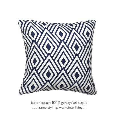 buitenkussen oosterse boho chic met geometrische blauw wit ruit patroon  -  eco plastic-  100% recycled soda flessen - outdoor tuin styling