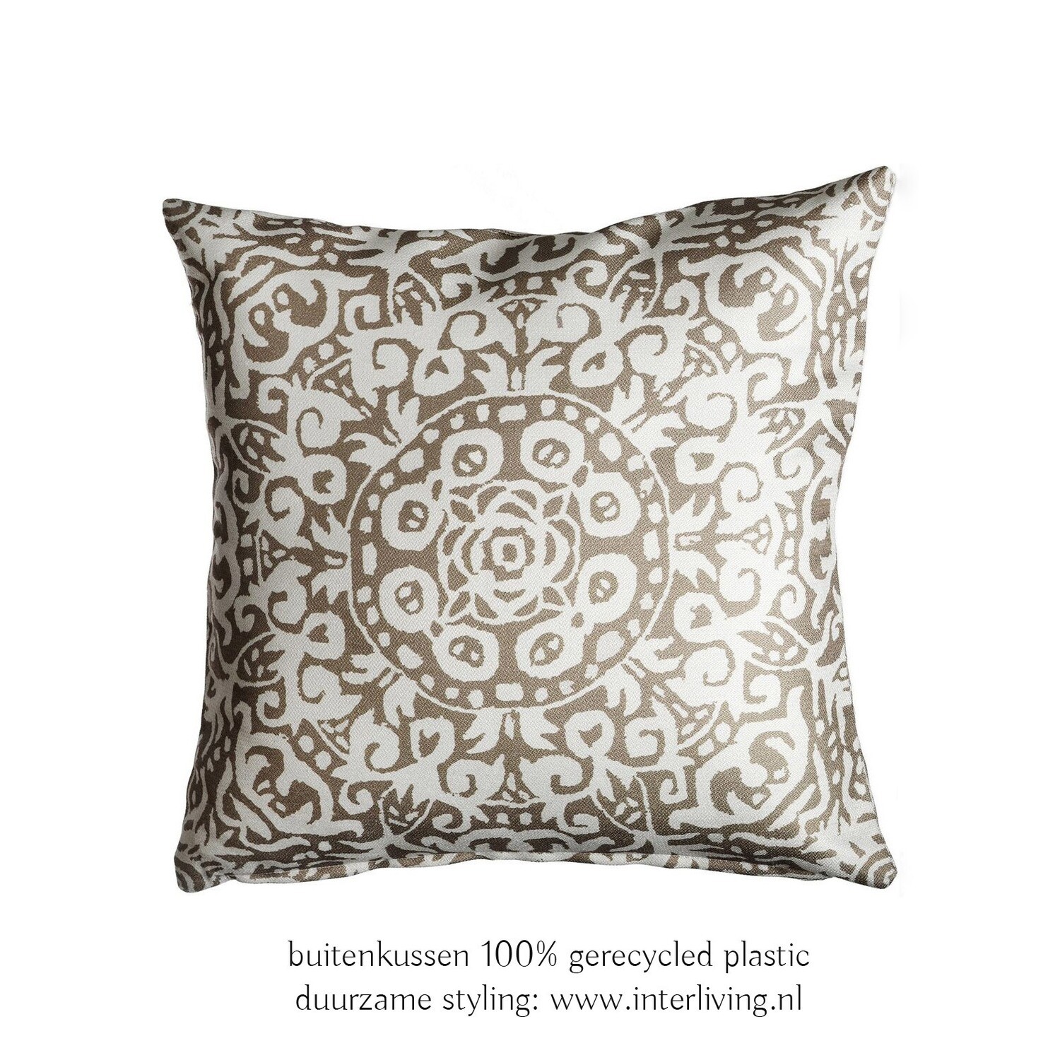 buitenkussen oosterse boho chic - wit met beige tinten - mandala patroon - eco plastic-  100% recycled soda flessen - outdoor tuin styling