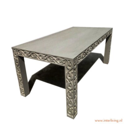 eettafel van massief mango hout met houtsnijwerk lotus & grey wash finish eettafel van massief mango hout met houtsnijwerk lotus & grey wash finish