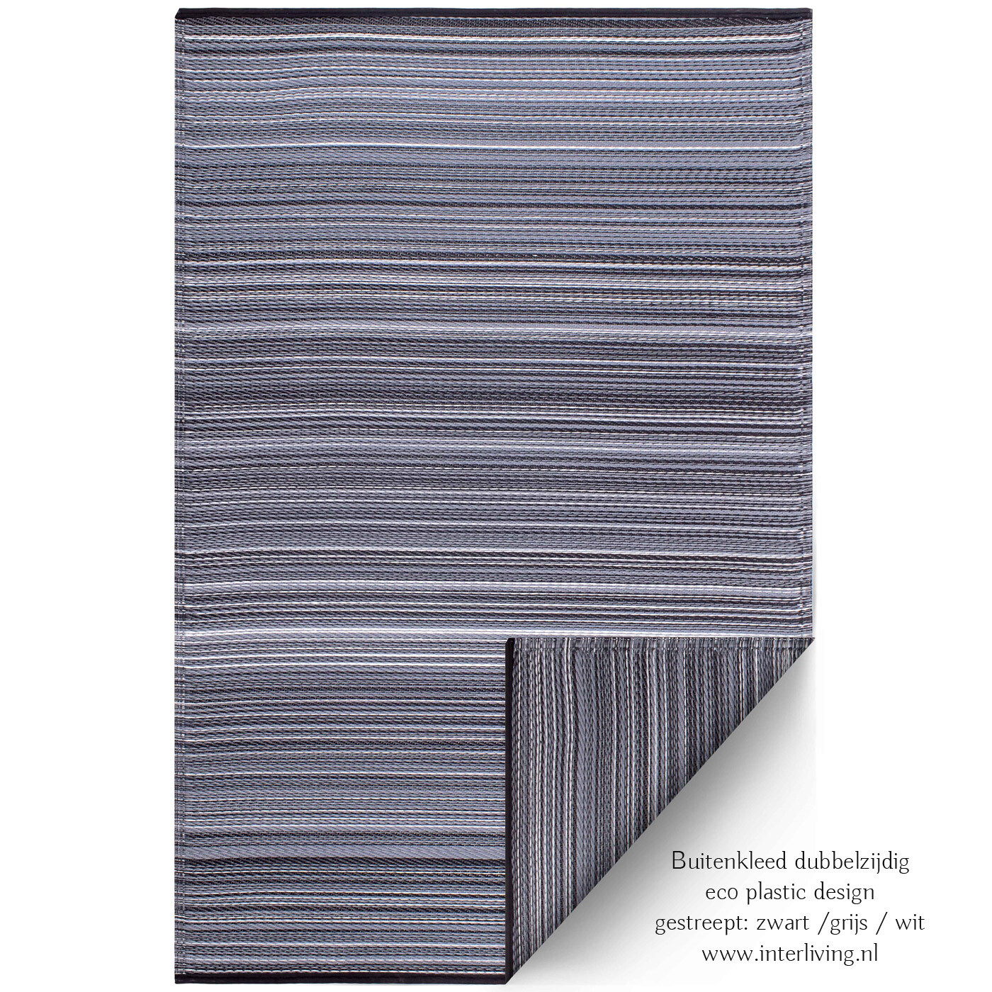 binnen & buiten vloerkleed - gestreept zwart - grijs- wit / antraciet design - maten S/ M /  Large / XL / XXL tuinkleed eco recycled plastic & Goodweave certificaat, maat: 180 x 120 cm