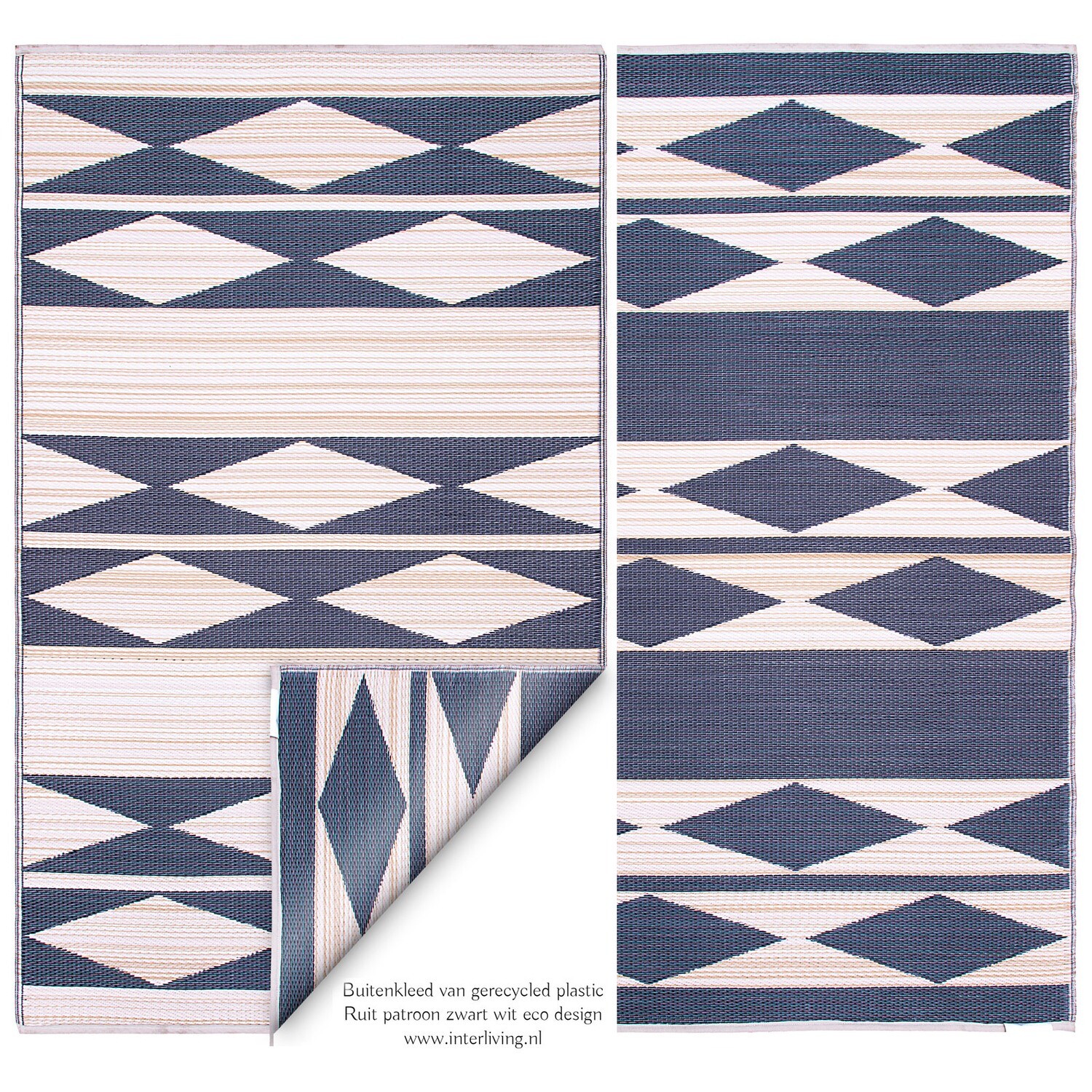 binnen & buiten vloerkleed (omkeerbaar) in antraciet grijs met crème & wit tinten in ruit  patroon / eco recycled plastic tuinkleed: S / M/ L / XL / XXL & Goodweave certificaat, maat: 180 x 120 cm