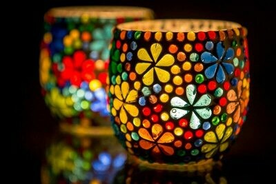 Twee stuks waxinehouders mozaiek multi colour flower design -bohemian woonaccessoires