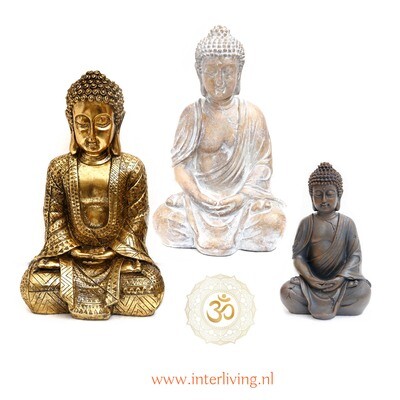 Zittende Boeddha-beeld - decoratieve woonaccessoire - boeddha-figuur in meditatie pose in vintage wit met goud afwerking steen look - 32 cm hoog