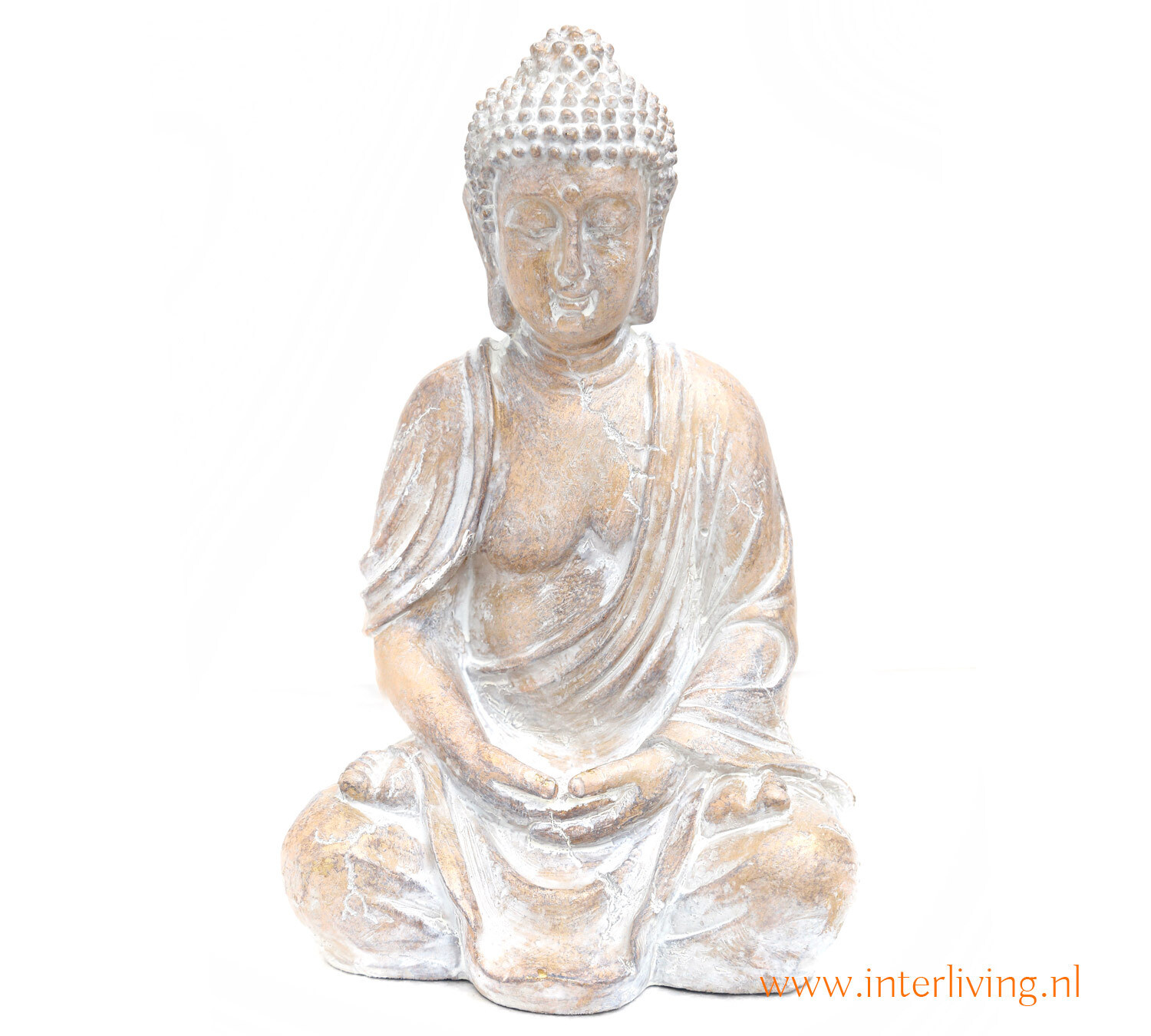 Zittende Boeddha-beeld - decoratieve woonaccessoire - boeddha-figuur in meditatie pose in vintage wit met goud afwerking steen look - 32 cm hoog