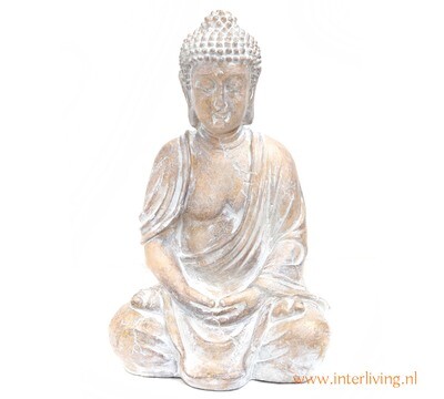 Zittende Boeddha-beeld - decoratieve woonaccessoire - boeddha-figuur in meditatie pose in vintage wit met goud afwerking steen look - 32 cm hoog