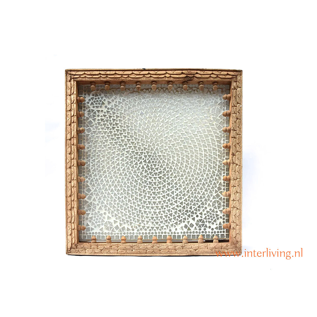 wandlamp Ibiza chique design - vierkant rustiek mangohout met oosters-mozaiek - Jodhpur / plafonniere  met 3D houtsnijwerk & glas mozaiek / wit tinten -