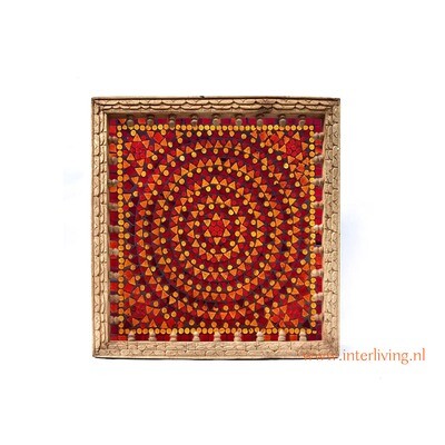 Jodhpur wandlamp van massief mangohout met 3D houtsnijwerk & glas mozaiek in sunset tinten rood oranje geel - handgemaakt uit India - 35 cm