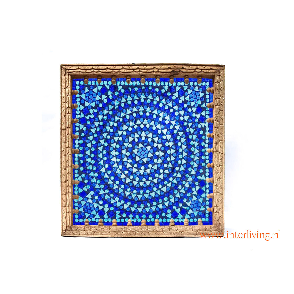 Jodhpur wandlamp van massief mangohout met 3D houtsnijwerk & glas mozaiek / Ibiza blauw tinten - handgemaakt uit India - 35 cm