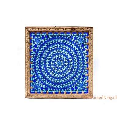 Jodhpur wandlamp van massief mangohout met 3D houtsnijwerk & glas mozaiek / Ibiza blauw tinten - handgemaakt uit India - 35 cm