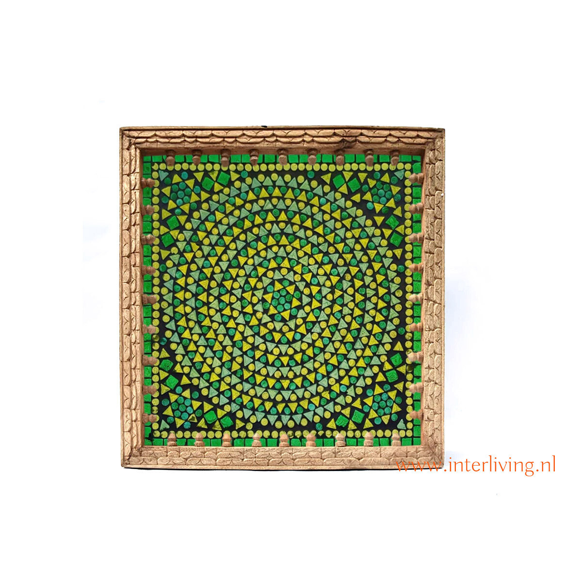 Jodhpur wandlamp van massief mangohout met 3D houtsnijwerk & glas mozaiek / jungle groen tinten - handgemaakt uit India - 35 cm