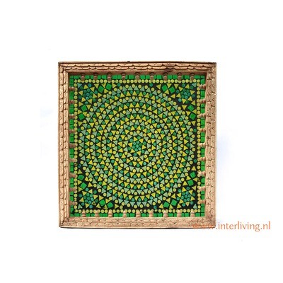 Jodhpur wandlamp van massief mangohout met 3D houtsnijwerk &amp; glas mozaiek / jungle groen tinten - handgemaakt uit India - 35 cm