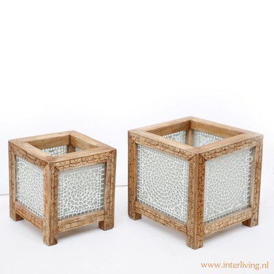 tafellamp "La bella Luz" vierkant kubus model - open  bovenkant - naturel houten frame &amp; houtsnijwerk - mozaïek panelen van wit / transparant glas - 20 cm