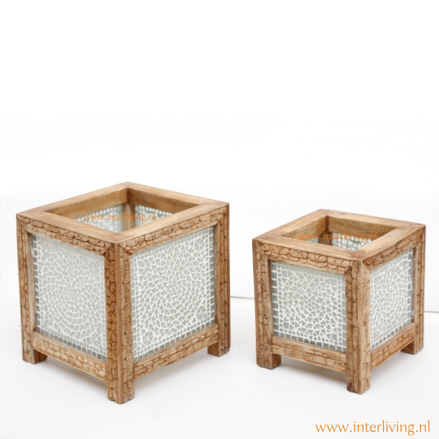 tafellamp "La bella Luz" vierkant kubus model - open  bovenkant - naturel houten frame & houtsnijwerk - mozaïek panelen van wit / transparant glas - 25 cm
