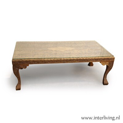 salontafel - vintage - massief walnoot hout naturel - floral houtsnijwerk & dieren uit Kashmir / India - met glasplaat salontafel - vintage - massief walnoot hout naturel - floral houtsnijwerk & dieren uit Kashmir / India - met glasplaat