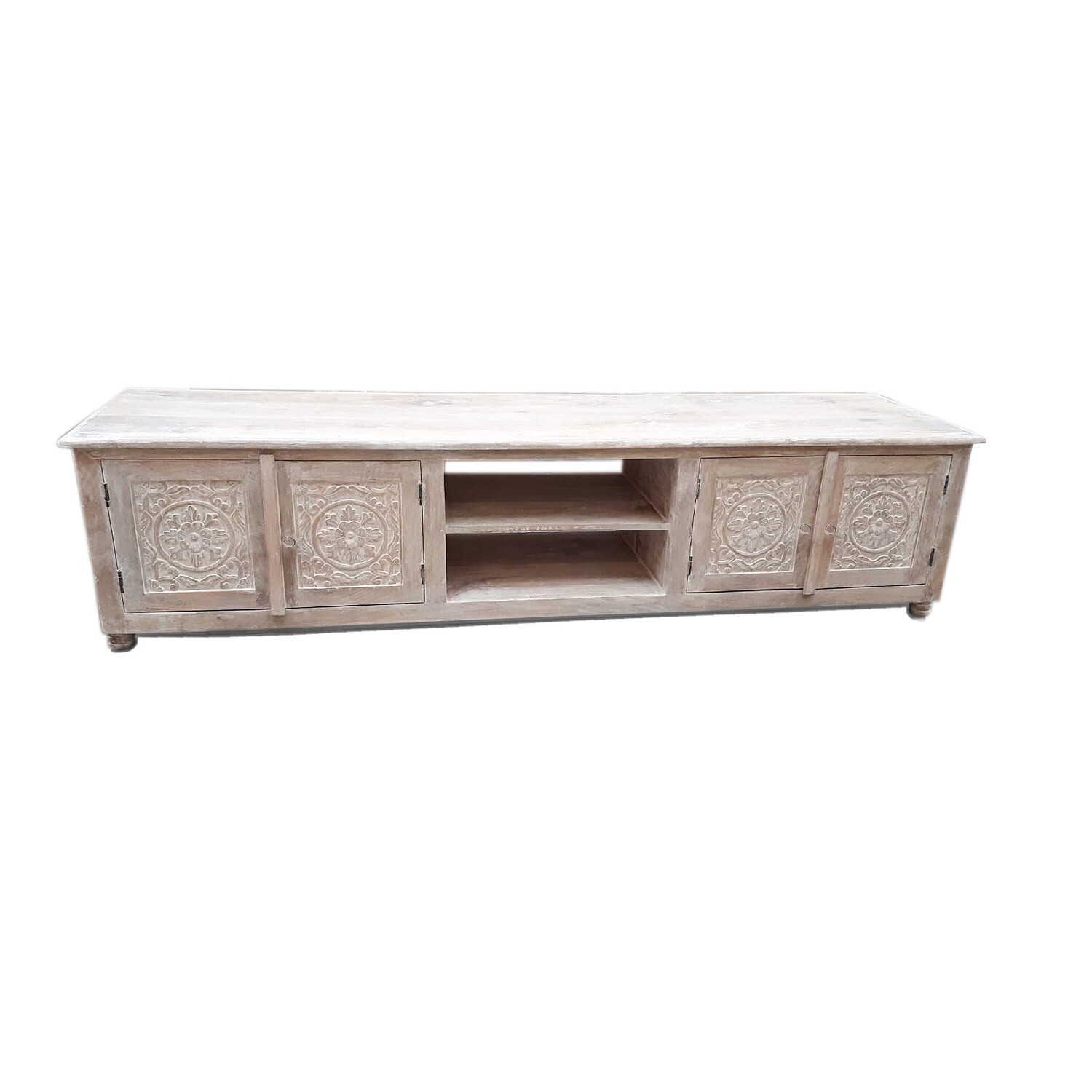 Ibiza dressoir / TV kast  XL -  white washed met lotus houtsnijwerk 205*50*40 cm