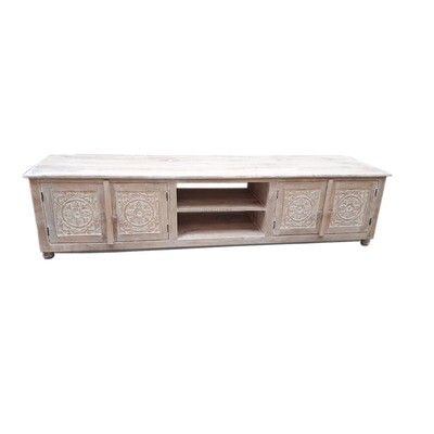 Ibiza dressoir / TV kast  XL -  white washed met lotus houtsnijwerk 205*50*40 cm