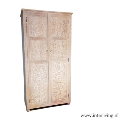 Ibiza kast van hout met lotus houtsnijwerk uit India  - 180 cm hoog -  8 panelen met houtsnijwerk - white washed finish met 2 deuren