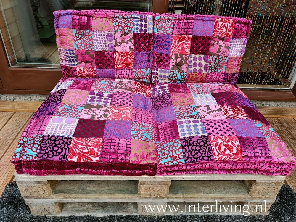 Palletkussen set - velvet roze gekleurd patchwork met aqua en paars tinten fluweel - handgemaakte loungekussen set - Oriëntal chic uit India