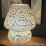 Witte Boho lamp met mozaiekpatronen - tafellamp met ronde kap model paddenstoel van transparant glasmozaïek- 40 cm