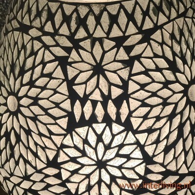 Witte Boho lamp met mozaiekpatronen - tafellamp met ronde kap model paddenstoel van transparant glasmozaïek- 40 cm