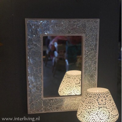 Zilver witte Marokkaanse of Bohemian spiegel met mozaïek van glinsterende stukjes glas - "broken glass design" omlijsting - 80 cm / rechthoek