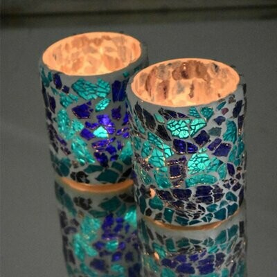 Twee stuks waxinehouder mozaïek - broken glass blauw met parelmoer glans