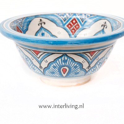 Marokkaanse waskom "Fonteinkom Fez" met licht blauw en rood tinten op wit patronen "S35" - klein rond model - aardewerk (opbouw) wasbak Ø 25 cm