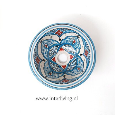 Marokkaanse waskom "Fonteinkom Fez" met licht blauw en rood tinten op wit patronen "S35" - klein rond model - aardewerk (opbouw) wasbak Ø 25 cm