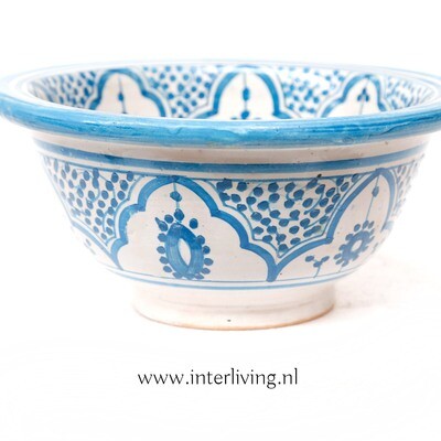 Marokkaanse waskom "Fonteinkom Fez" met licht blauw op wit patronen "S36" - klein rond model - aardewerk (opbouw) wasbak Ø 25 cm