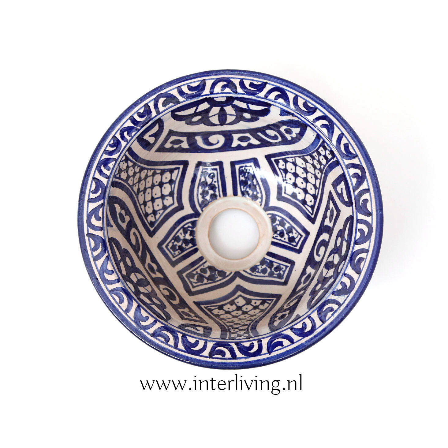 Marokkaanse waskom "Fonteinkom Fez" met blauwe patronen "S40" -klein rond model - aardewerk (opbouw) wasbak  Ø 25 cm