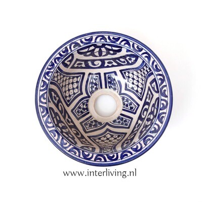 Marokkaanse waskom "Fonteinkom Fez" met blauwe patronen "S40" -klein rond model - aardewerk (opbouw) wasbak  Ø 25 cm