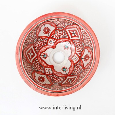 Marokkaanse waskom "Fonteinkom Fez" met aqua & rood tint patronen op wit "S45" - klein rond model - aardewerk (opbouw) wasbak Ø 25 cm