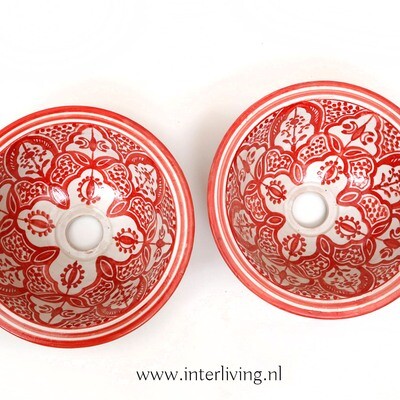 Marokkaanse waskom "Fonteinkom Fez" met rood tint patronen op wit "S46" - klein rond model - aardewerk (opbouw) wasbak Ø 25 cm