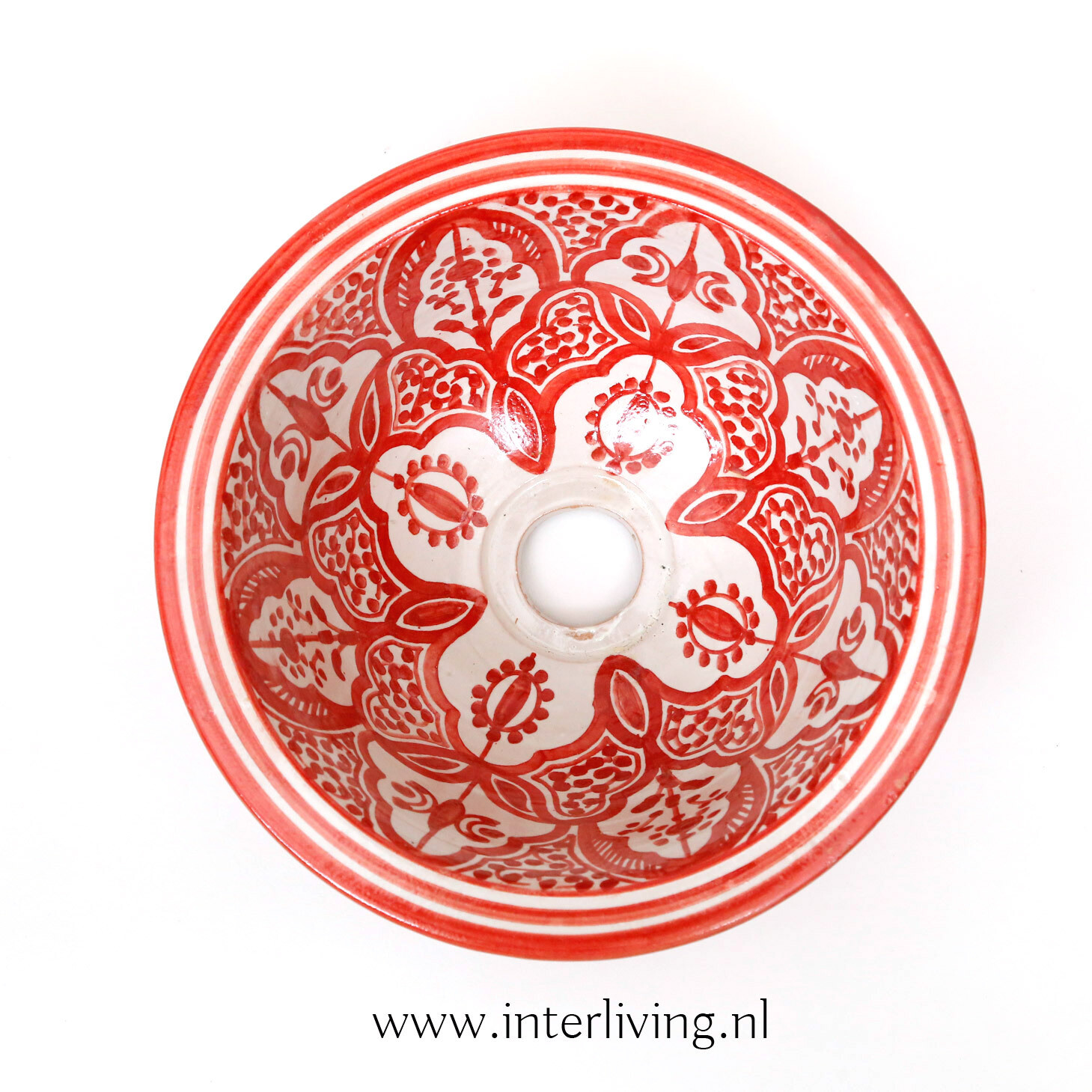 Marokkaanse waskom "Fonteinkom Fez" met rood tint patronen op wit "S46" - klein rond model - aardewerk (opbouw) wasbak Ø 25 cm