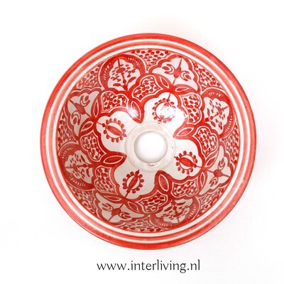 Marokkaanse waskom "Fonteinkom Fez" met rood tint patronen op wit "S46" - klein rond model - aardewerk (opbouw) wasbak Ø 25 cm