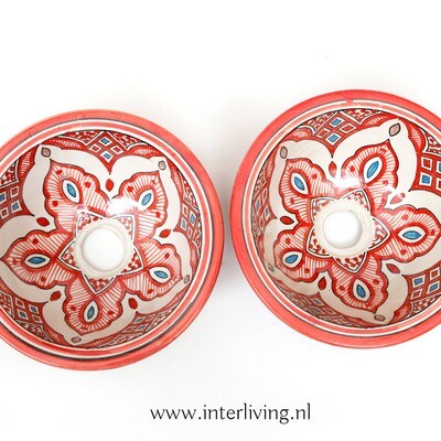 Marokkaanse waskom "Fonteinkom Fez" met aqua &amp; rood tint patronen op wit "S47" - klein rond model - aardewerk (opbouw) wasbak Ø 25 cm