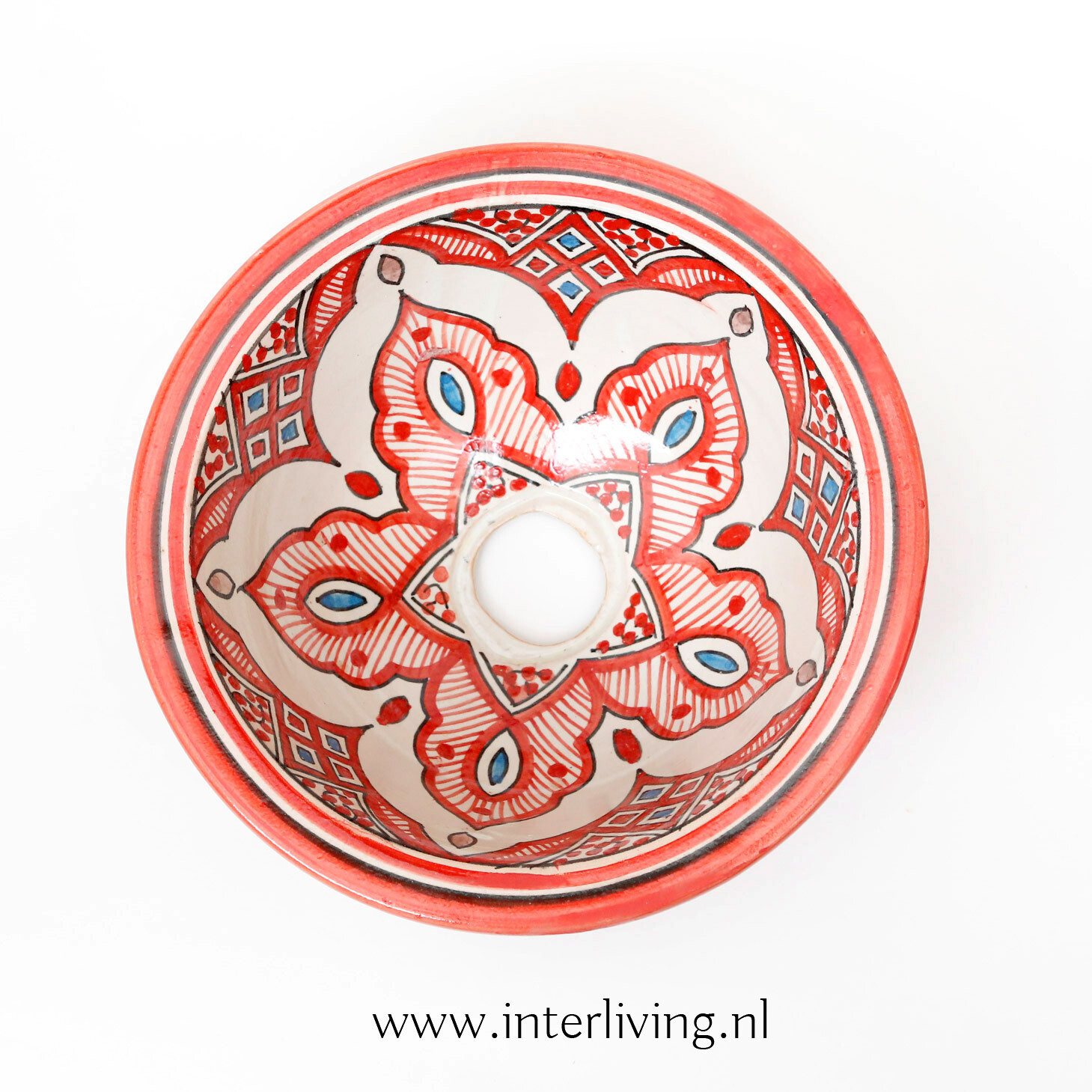 Marokkaanse waskom "Fonteinkom Fez" met aqua & rood tint patronen op wit "S47" - klein rond model - aardewerk (opbouw) wasbak Ø 25 cm