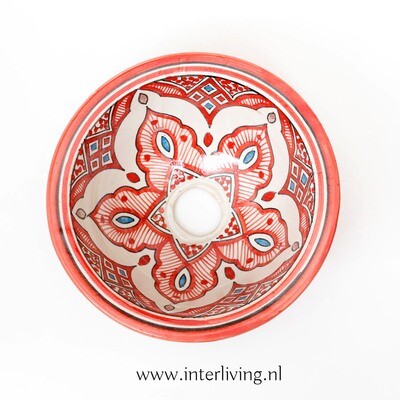 Marokkaanse waskom "Fonteinkom Fez" met aqua & rood tint patronen op wit "S47" - klein rond model - aardewerk (opbouw) wasbak Ø 25 cm