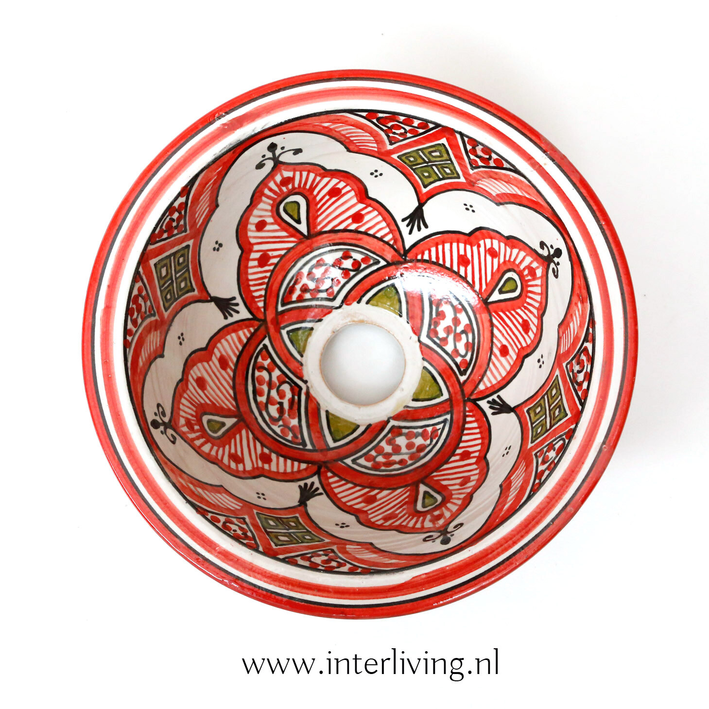 Marokkaanse waskom "Fonteinkom Fez" met olijf groen & zwart en rood tint patronen op wit "S48" - klein rond model - aardewerk (opbouw) wasbak Ø 25 cm