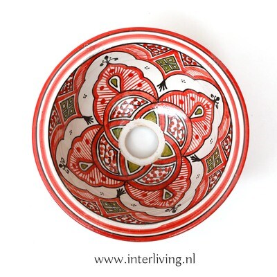 Marokkaanse waskom Marokkaanse waskom "Fonteinkom Fez" met olijf groen & zwart en rood tint patronen op wit "S48" - klein rond model - aardewerk (opbouw) wasbak Ø 25 cm